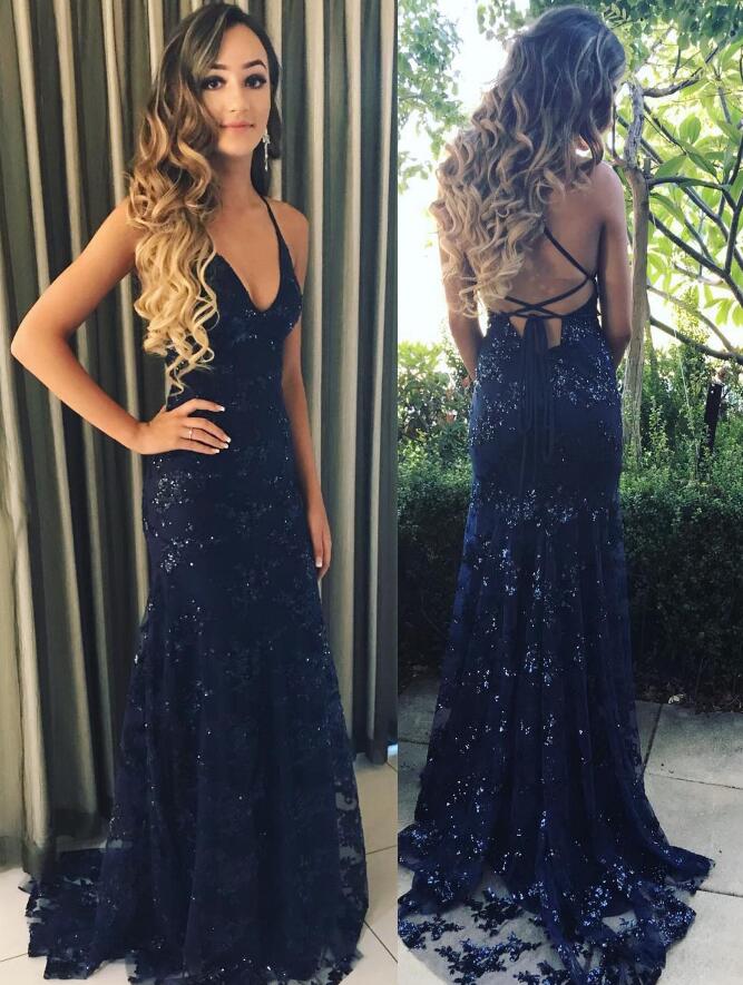 navy blue spaghetti strap prom dress