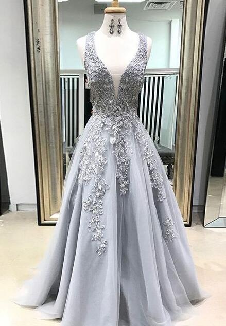 Deep V Neck Lace Prom Dress,long Prom Dresses With Appliques,stain Prom Dress