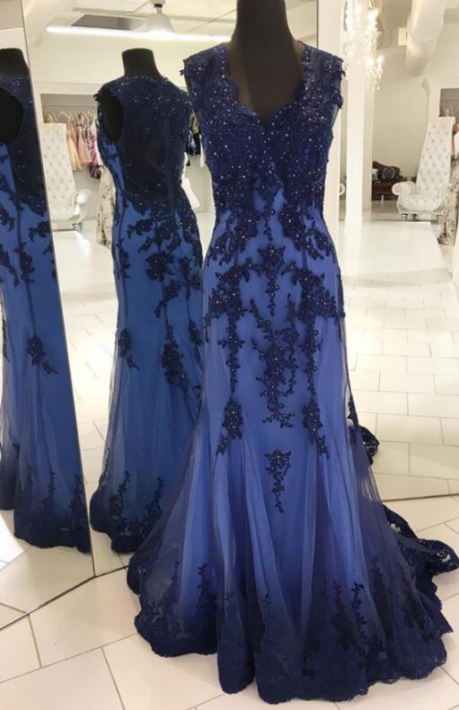 Navy Blue Evening Gowns, Prom Dress,beading Prom Dress,elegant Prom Dress,lace Appliques Prom Dress