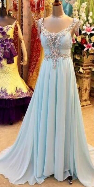 Light Blue Chiffon Prom Dress ,v-neck With A Sleeveless Ball Gown Prom Dress,beading Prom Dress, Evening Gown