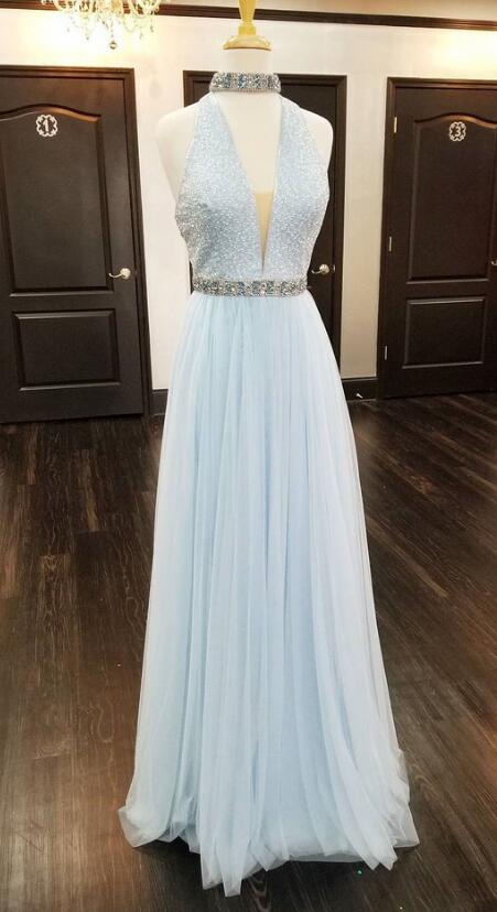 Long A-line Halter Prom Dress, Evening Dresses ,sexy Formal Gowns Backlessprom Dress, Party Graduation Dresses With Beads For Teens