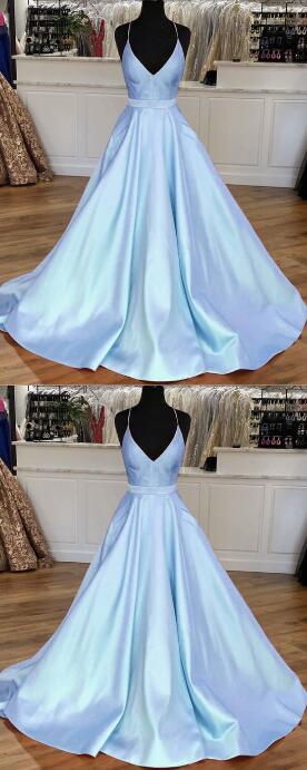 Light Blue Prom Dress, Prom Dress,satin V-neck Cross Back Prom Dresses