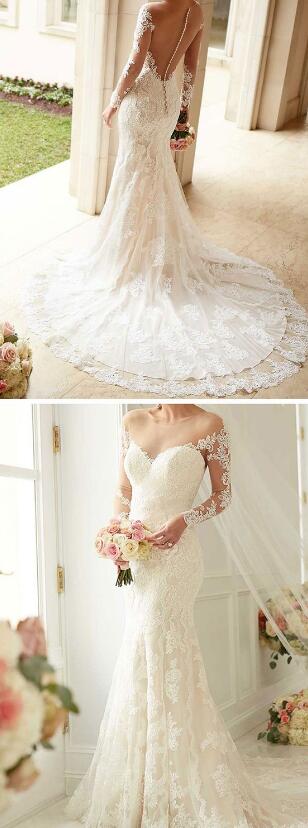 Charming Wedding Dress, Lace Wedding Dress,Sexy See Though Back Appliques Mermaid Wedding Dresses, Bridal Dresses