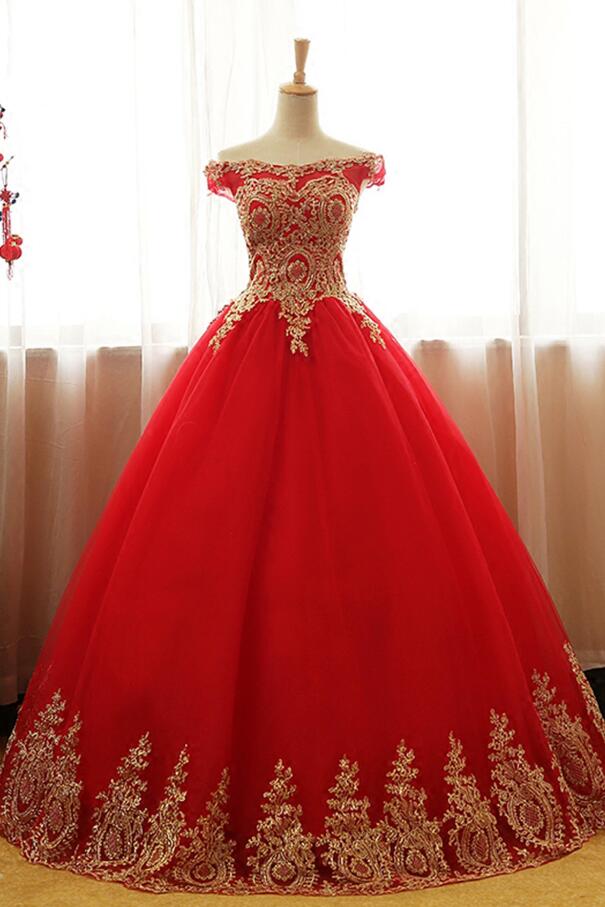 Ball Gown Long Party Gowns ,prom Dress With Gold Applique, Off Shoulder Formal Dresses, Red Tulle Evening Dress