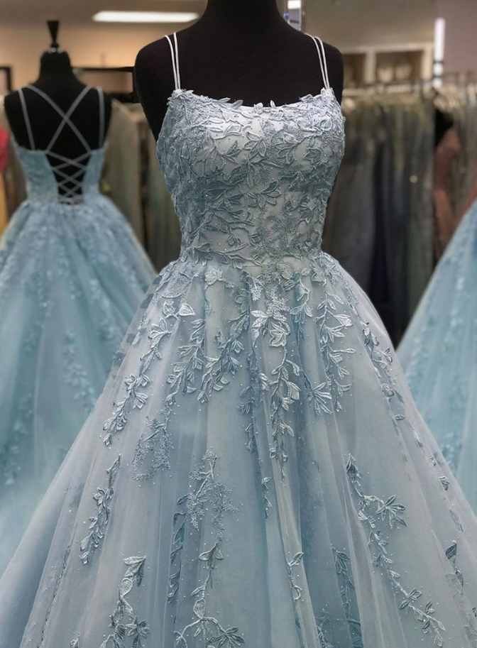 Retro Ball Gown Spaghetti Straps Blue Chiffon Long Evening Dress Prom Dresses main image 1