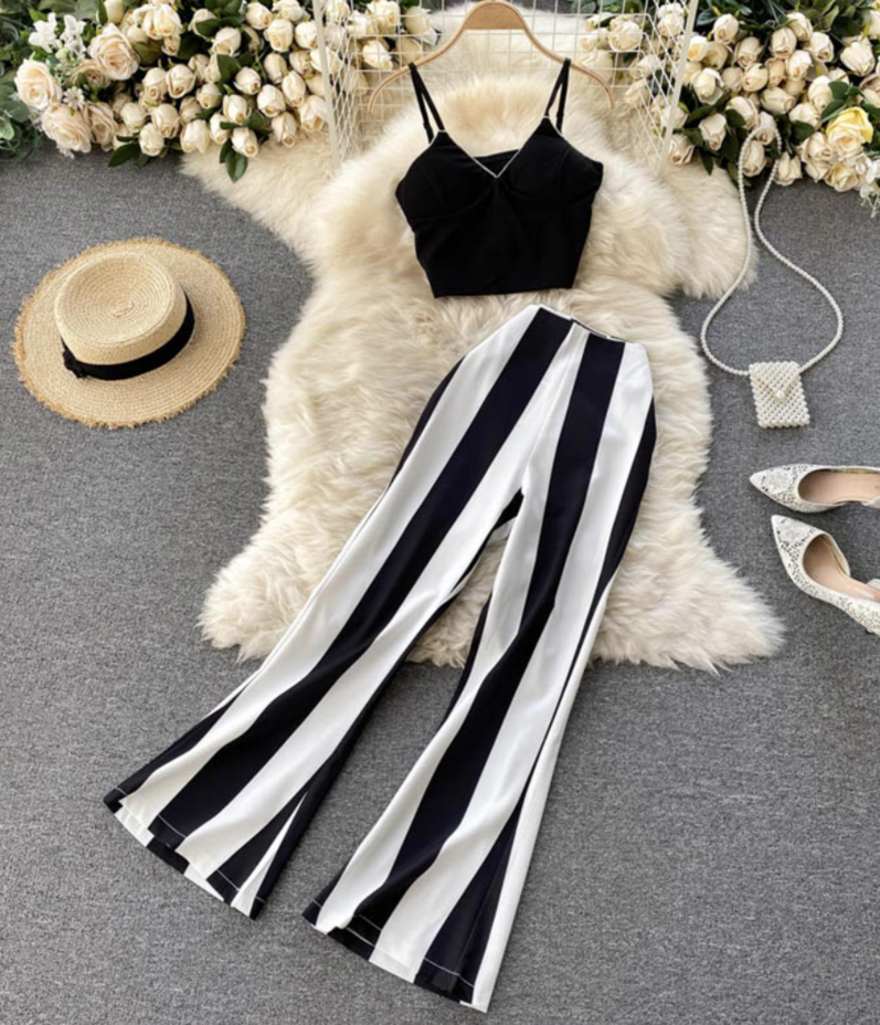 Stylish Two Pieces Sets Striped Suit Sexy Dress