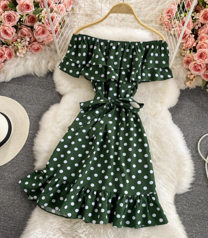 Cute Polka Dot Dress Off Shoulder Dress