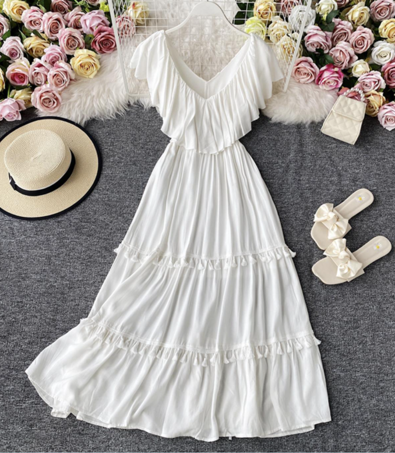 White V Neck Fringed Dress A Line Fashion Dress