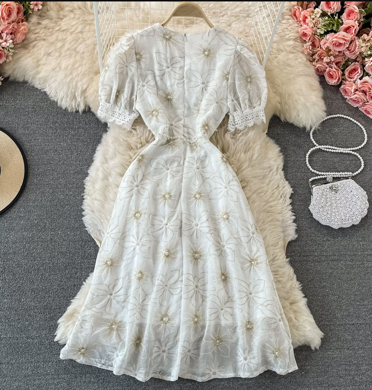 Cute Puff Sleeves V-neck Embroidery White Summer Lace Dress