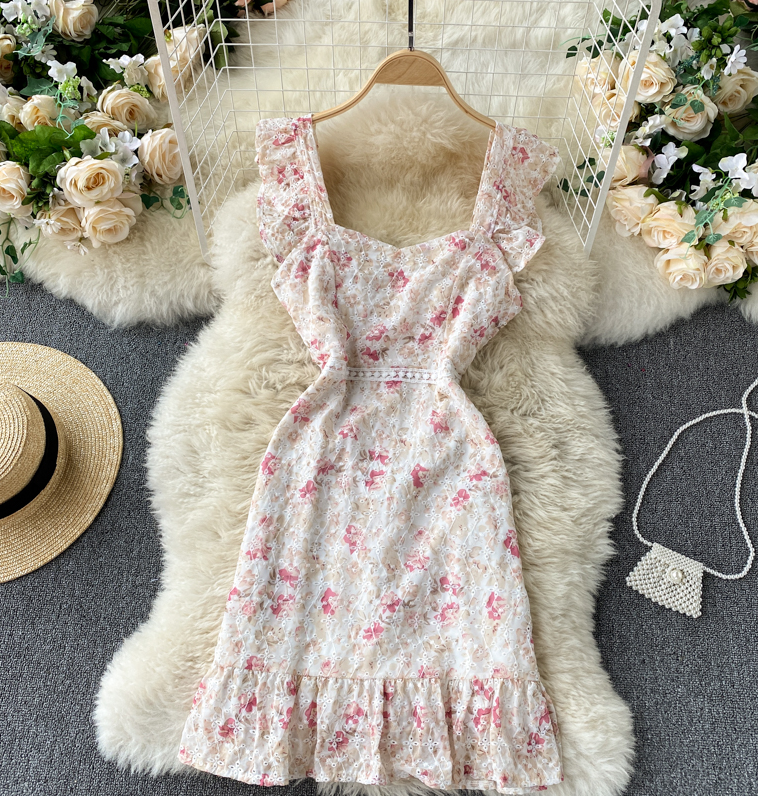 Elegant Embroidery Floral Short Dress Sweet Spaghetti Straps Lace Summer Dress