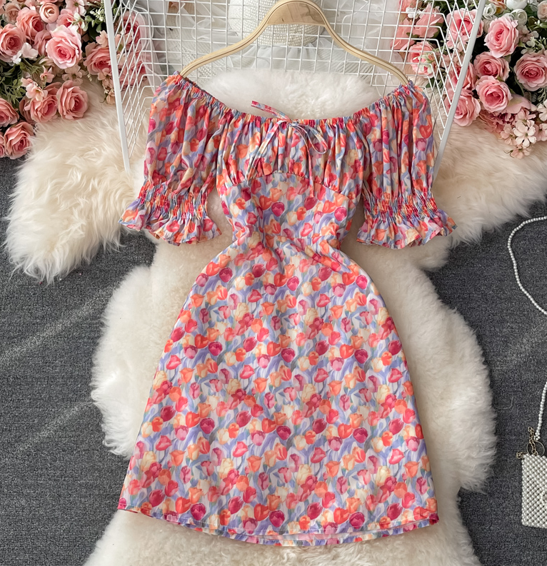Puff Sleeve Floral Holiday Skirt Chiffon Dress Summer Dress on Luulla
