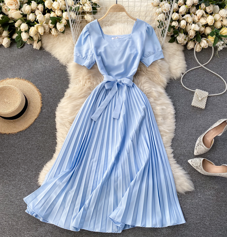 Vintage Square Collar Pleated Dress Summer Dress