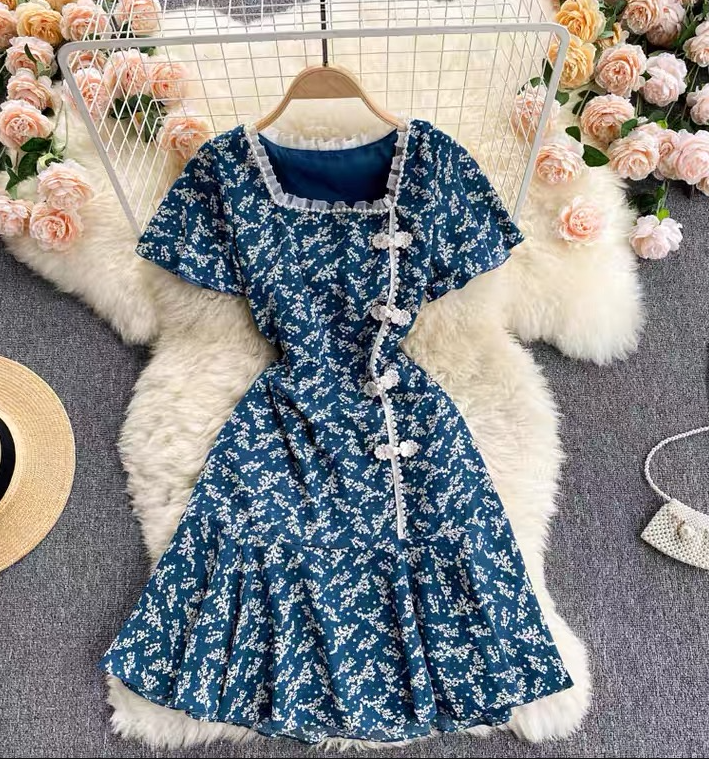 Vintage Floral Dress, Slim Short Flounce Dress
