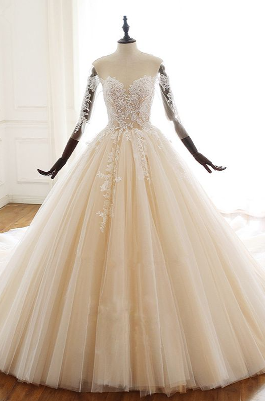 Champagne Long Sleeves Tulle Wedding Dress Appliques Bridal Gowns