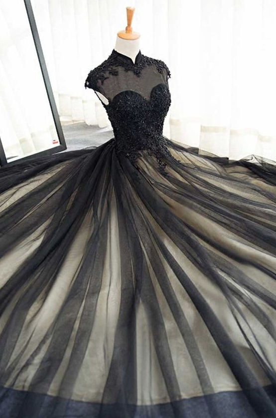 Black Tulle Lace Long Prom Dress