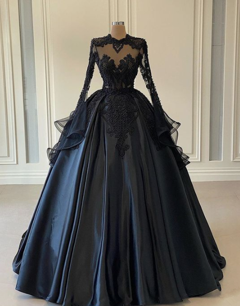 Long Sleeve Black Satin Wedding Dress, African Evening Dress