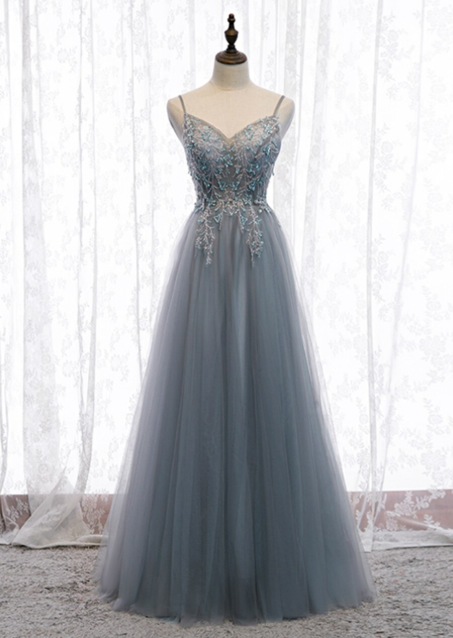 Gray Tulle Spaghetti Straps Sequins Prom Dress