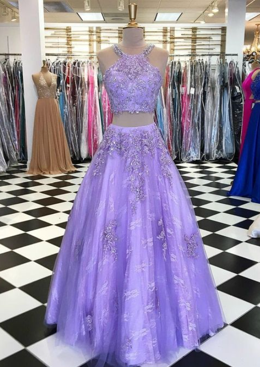 Purple Two Piece Beaded Halter Tulle Prom Dress
