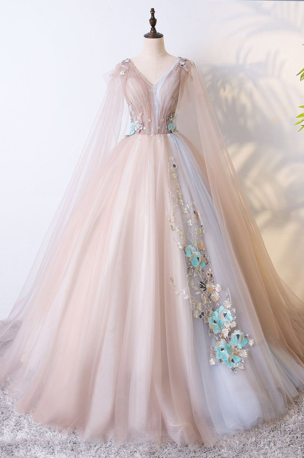 Elegant Plunging Neck Applique Detail Lace-Up Back Tulle Formal Prom Dress Evening Dress