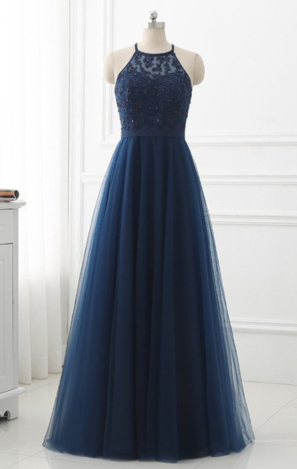 Navy Blue Tulle Applique Long Formal Dress, Junior Party Dresses