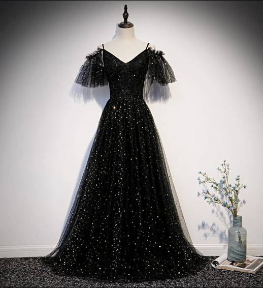 A Line Black Tulle Lace Long Prom Dress Formal Dress