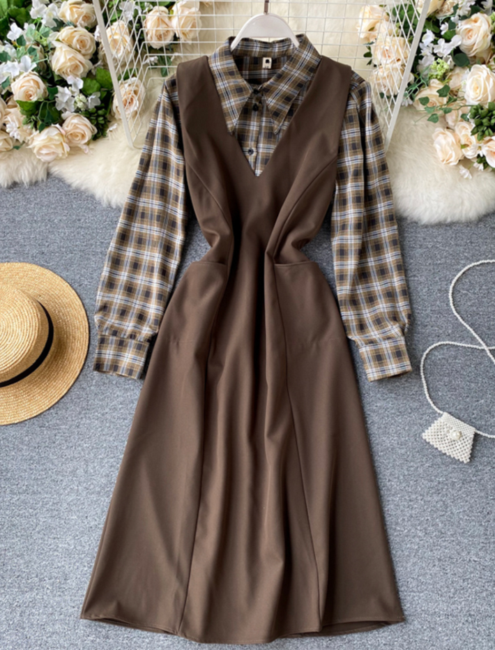 Two-piece Sets Plaid Shirt + Sleeveless Vest Dress