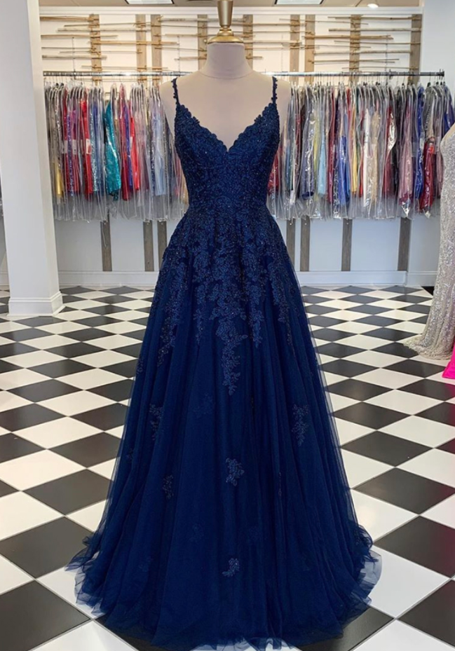 A Line Blue V Neck Lace Prom Dress Evening Dress