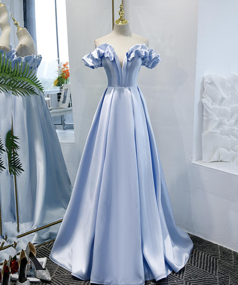 A Line Blue Satin Long Prom Dress Blue Evening Dress
