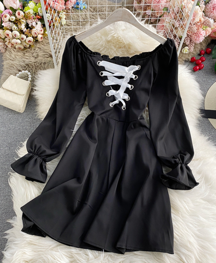 Black Long Sleeve Lace Up Dress
