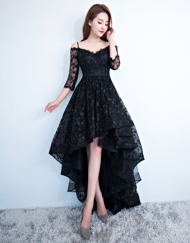 High Low V-neckline Straps Black Lace Formal Dress Homecoming Dress