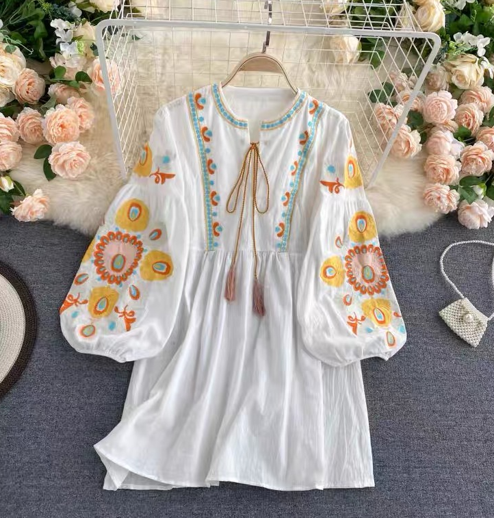 Bohemian, Vintage, Ethnic Style, Heavy Embroidery, Bubble Sleeves, Loose Short Dress