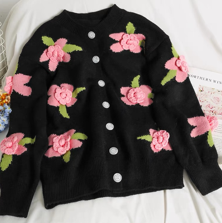 Sweet, Solid Pink Flowers Single-breasted Cardigan Top, Loose Knit Sweater
