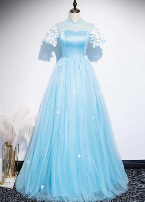 Blue Tulle Long Party Dress 2020, Blue Prom Dres
