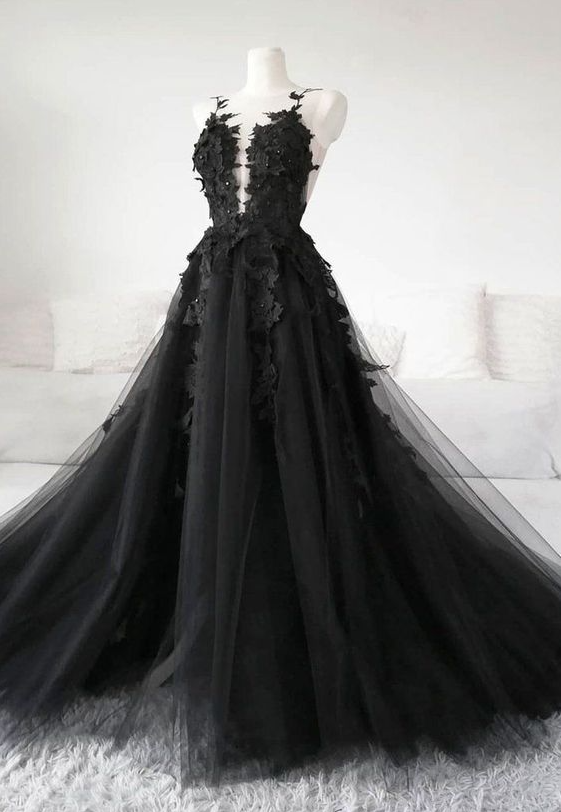 A Line Black Lace Tulle Long Prom Gown Black Evening Dress