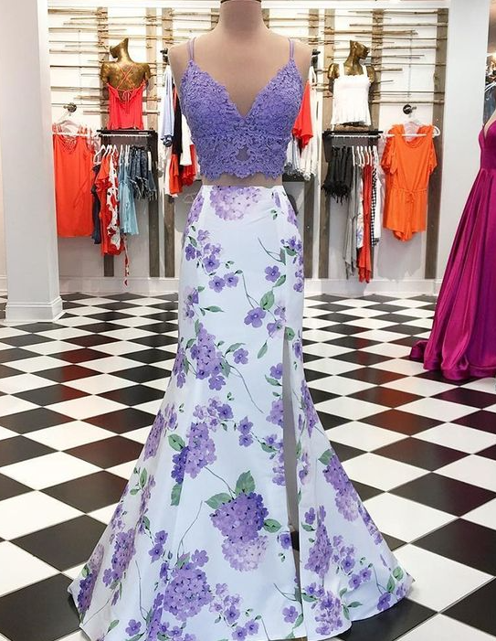 chinese dress ladies Two Piece Prom Dresses Mermaid Floral Print Long Sleeveless Satin Prom –  cathyprom main image 0