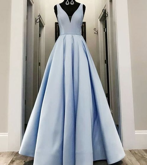 Simple A Line Blue V Neck Satin Long Prom Dress on Luulla