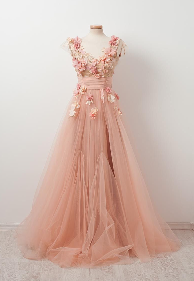 V-Neck Prom Dress, Tulle A-Line Prom Dress, Applique Prom Dress, LB0713