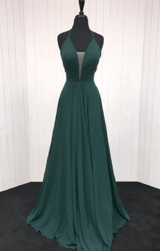 Sexy Green Deep V Neck Chiffon Party Dress,A Line Backless Prom Evening Gown cc2908 main image 1