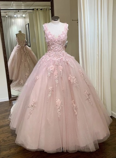 A Line Pink Tulle Long Sweet 16 Prom Dress