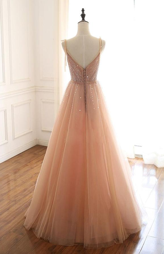 A-line/Princess V-neck Beading Long Formal Prom Dresses main image 0