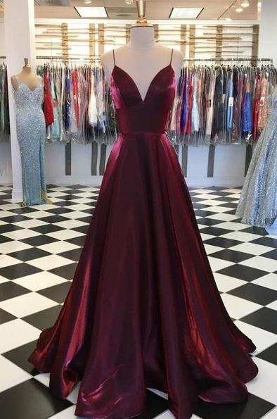 Burgundy Satin V Neck Long Evening Dress On Luulla