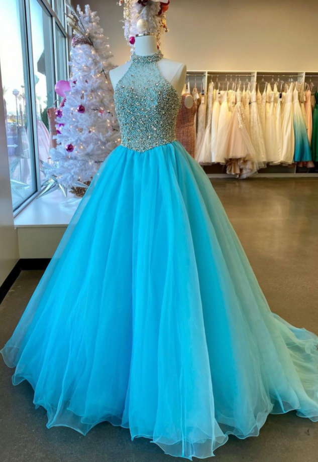 Mermaid Blue Tulle Beads Long Prom Dress Sexy Evening Dress