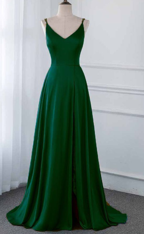 Spaghetti Strap Green Satin Long Prom Dresses on Luulla