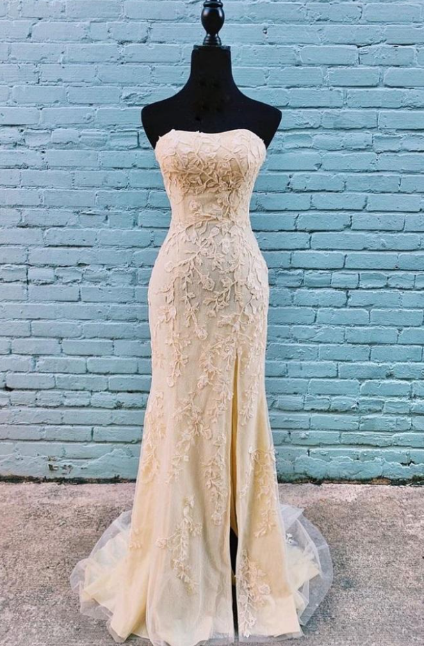 Lace Appliques Long Strapless Prom Dress With Side Slit