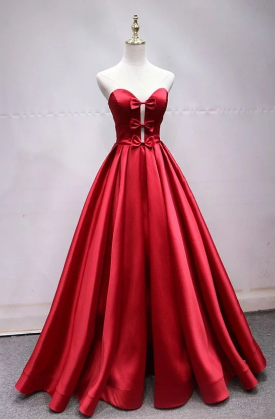 A Line Sweetheart Red Satin Prom Dresses With Bowknot, Formal Dresses