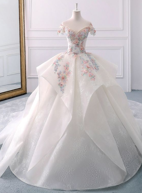 Off The Shoulder Flower Ball Gown Lace Wedding Dress