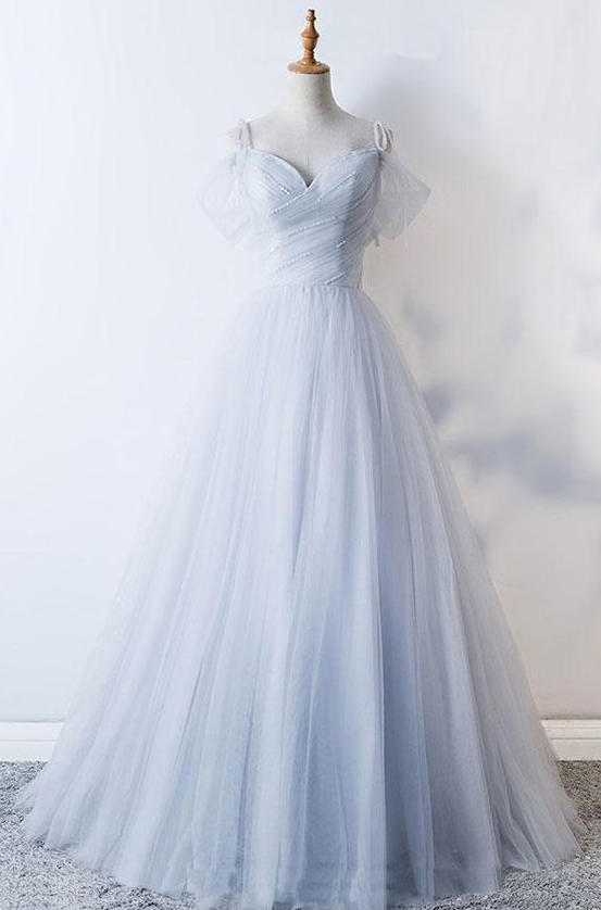 Simple Gray Sweetheart Tulle Long Prom Dress, Sexy Evening Dress