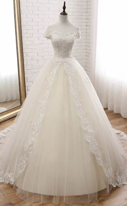 A Line Lace Wedding Dresses Lace Poofy Evening Dress