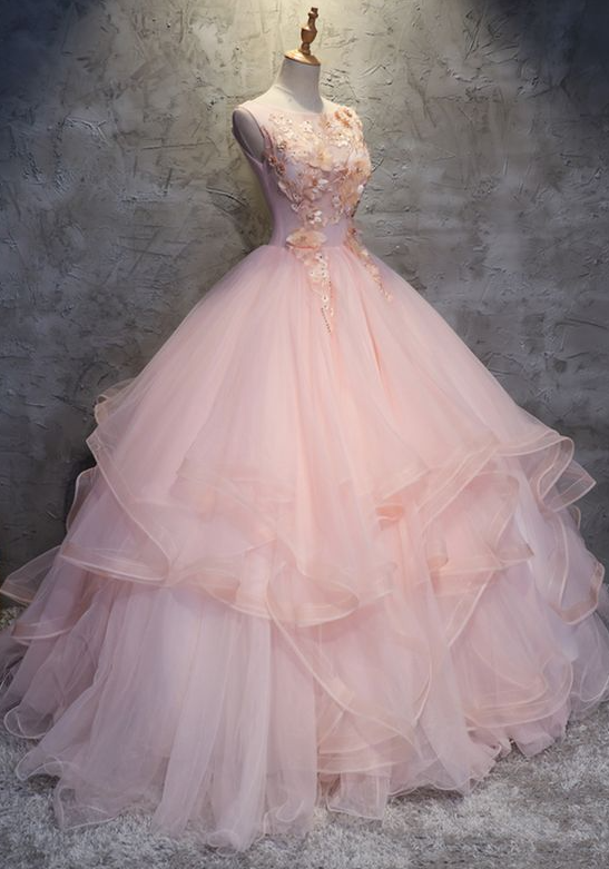 Puffy O Neck Long Prom Gown With Lace Appliques