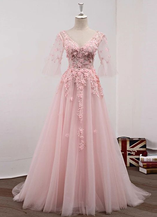 Pink Tulle Lace Applique Prom Dress 2021